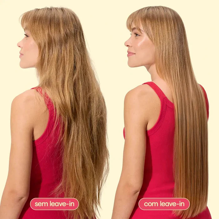 modelos com cabelo liso e brilhante usando o protetor capilar leave-in ollie
