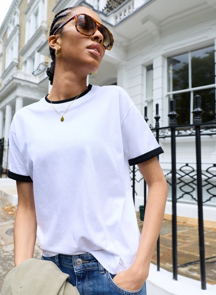 Pulia Layered - Look Crew Neck T-shirt - White with Black Trim Baukjen