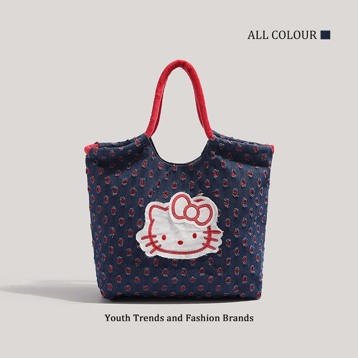 Retro denim tote bag, large capacity fashion shoulder bag, cute versatile tote bag for women