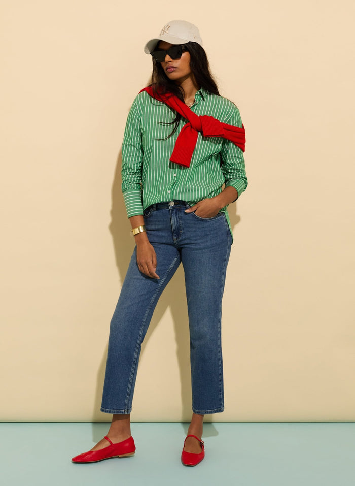 Rishma Organic Cotton Stripe Shirt - Emerald Green & White Stripe Baukjen