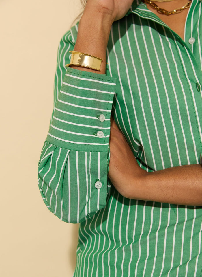Rishma Organic Cotton Stripe Shirt - Emerald Green & White Stripe Baukjen
