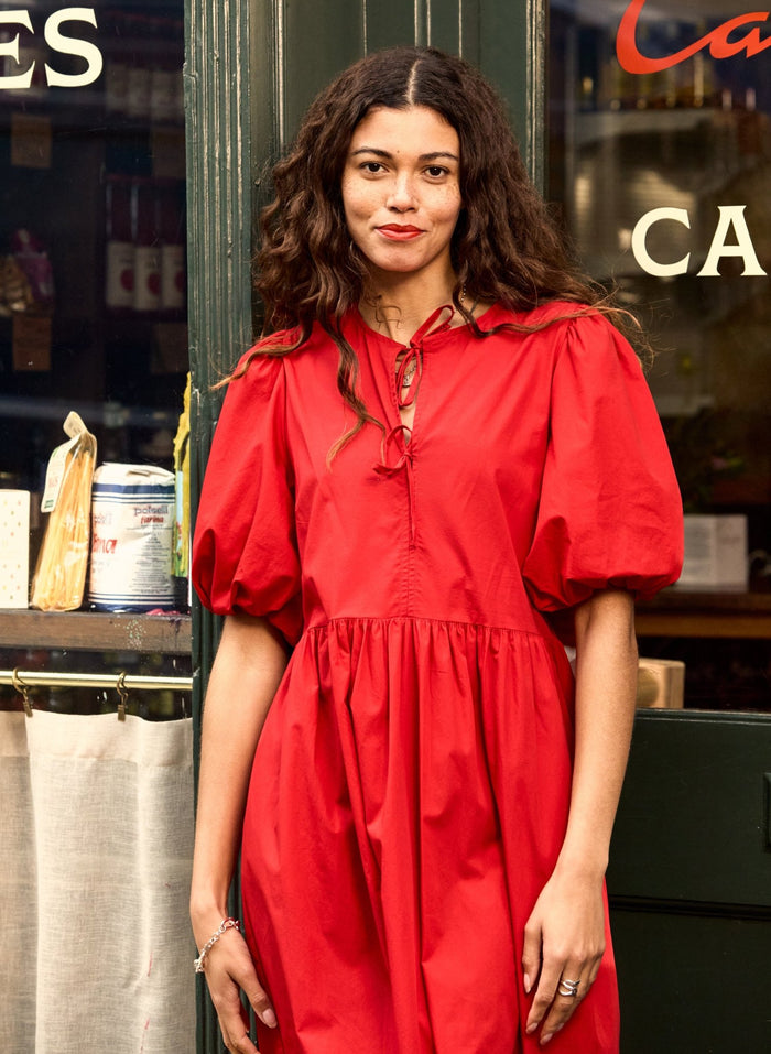 Rose Organic Cotton Tie Midi Dress - Crimson Red Baukjen