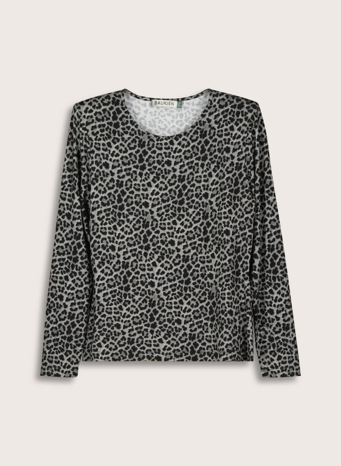 Shae Printed Jersey Crew Neck Top - Steel Leopard Baukjen