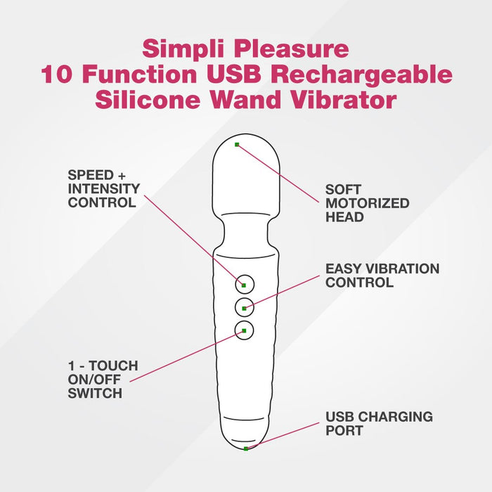 Simpli Pleasure 10 Function USB Rechargeable Silicone Wand Vibrator