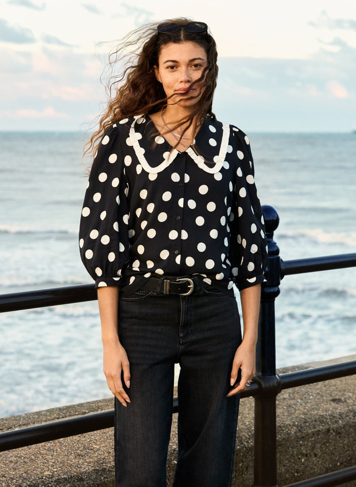 Sosha Printed Collar Detail Blouse - Black Polka Dot Print Baukjen