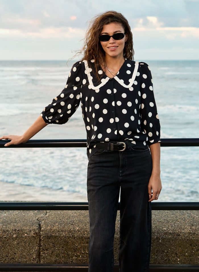 Sosha Printed Collar Detail Blouse - Black Polka Dot Print Baukjen