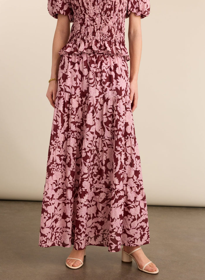 Tammy Organic Printed Midi Skirt - Burgundy Summer Floral Baukjen