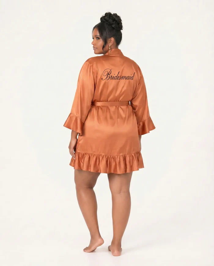 Ruffle Bridal Party Robe in Sienna - Back view with Bridesmaid script