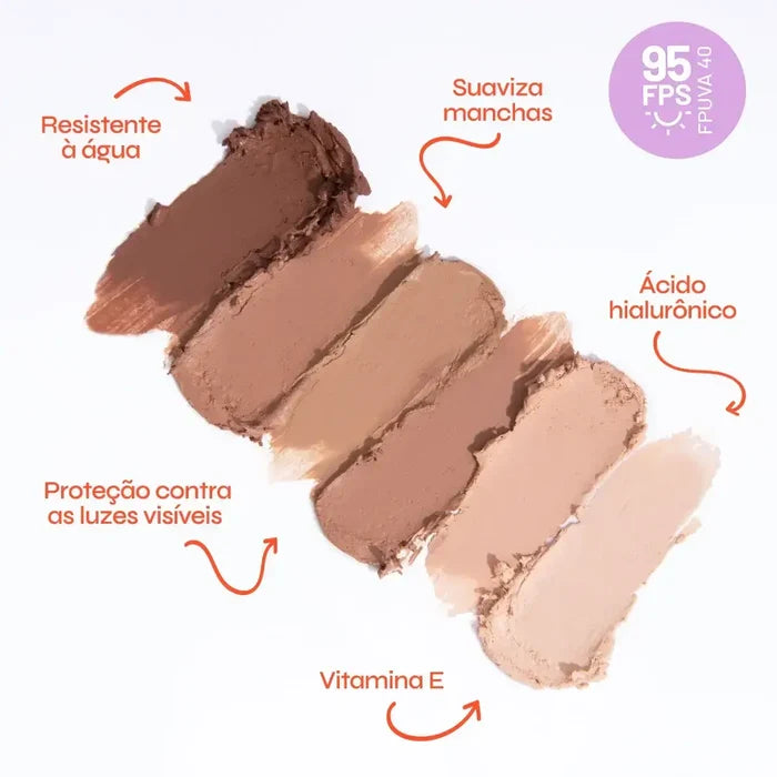 Cores do protetor solar em bastão com cor da Ollie, resistente à água, suaviza manchas, protege contra as luzes visíveis. Contém ácido hialurônico e vitamina E.