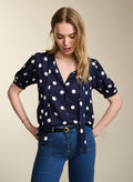 Violette Satin Blouse - Navy Big Polka Baukjen