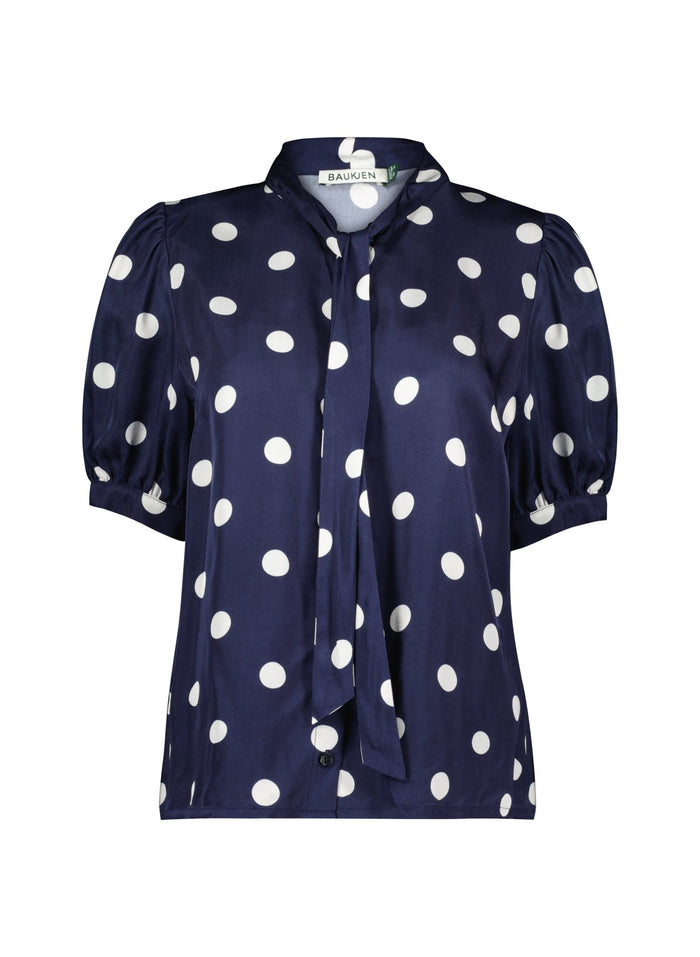 Violette Satin Blouse - Navy Big Polka Baukjen