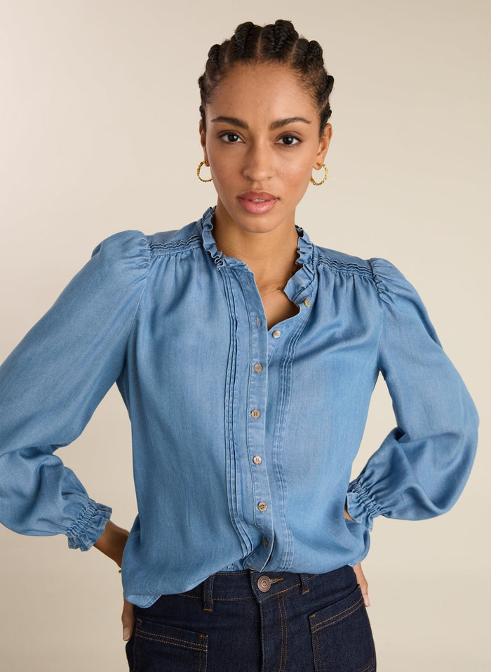 Zoe Frill Neck Blouse - Mid Indigo Baukjen