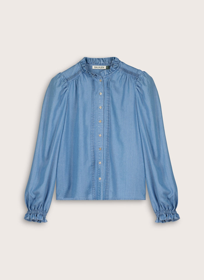 Zoe Frill Neck Blouse - Mid Indigo Baukjen